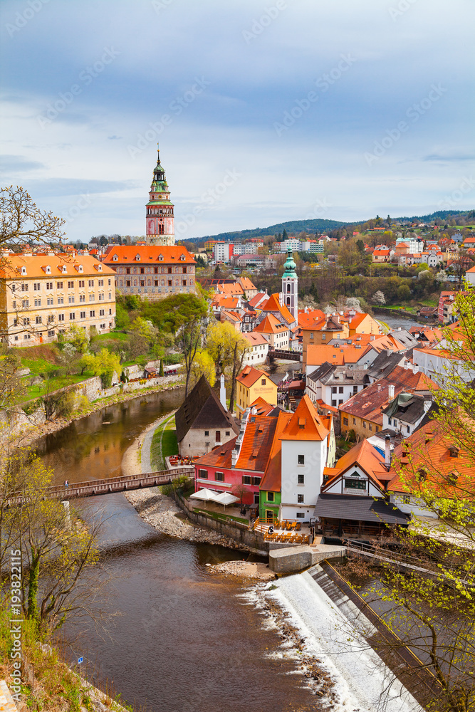 Obraz premium Aerial view of the mill and old town of Cesky Krumlov along the river, Czech republic. Bright spring time.