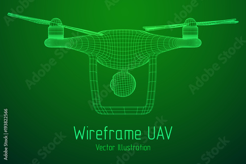 Remote control air drone. Dron flying with action video camera. Wireframe low poly mesh vector illustration