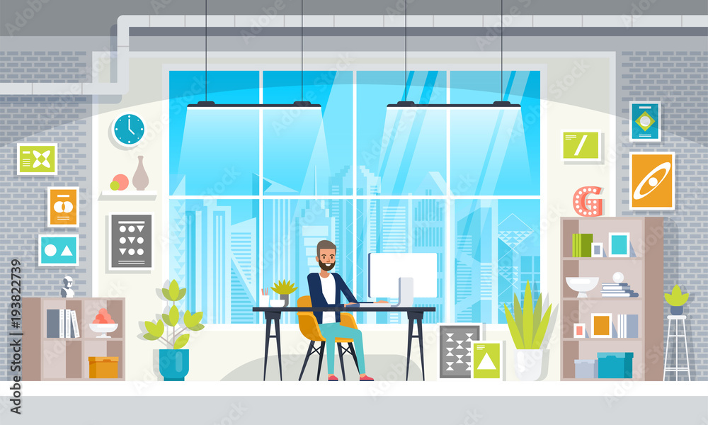 Office workplace with table, bookcase, window.