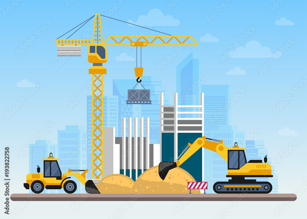 Building work process with houses and construction machines. Stock ...