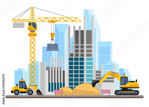 Building work process with houses and construction machines