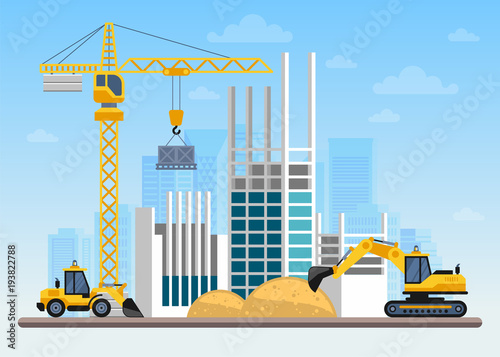 Construction site Building a house with cranes and machines