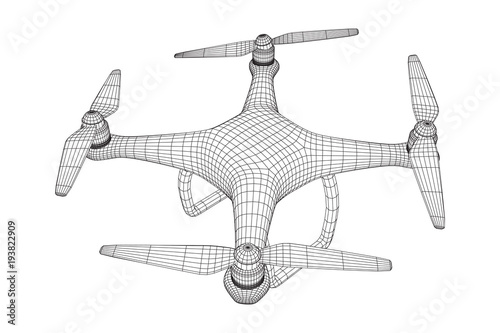 Remote control air drone. Dron flying with action video camera. Wireframe low poly mesh vector illustration