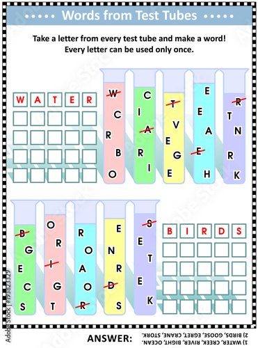 Word game (English language) for kids or adults: Make five words by taking a letter from each test tube. Answer included. Water and birds themed.

