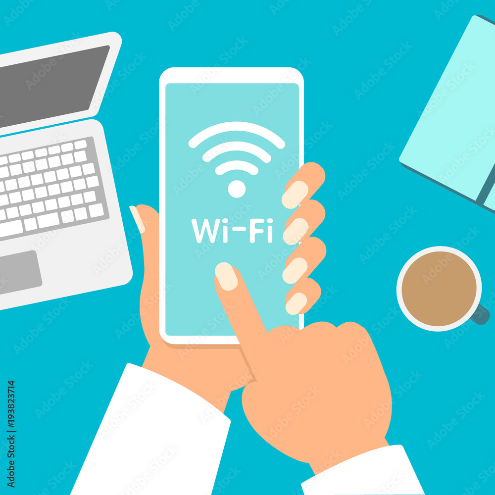 Hand holding smartphone with wifi on the screen. On the desktop, Notepad, coffee Cup. The view from the top. Vector illustration. Hand holding smartphone with wifi on the screen. On the desktop, Notepad, coffee Cup. The view from the top. Vector illustration.