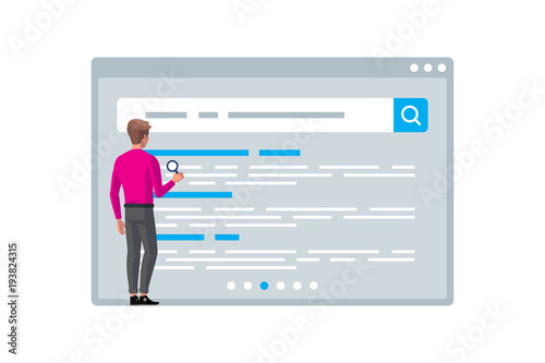 Man searching information on the internet, SEO concept. Vector illustration 