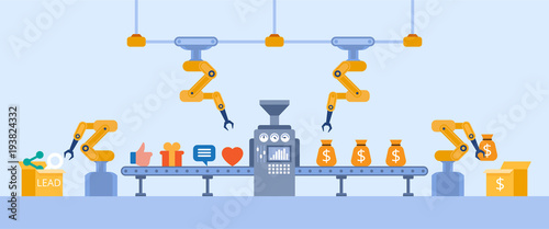 Lead generation concept. Marketing concept. Process of leads production on the conveyor belt. Vector flat style.