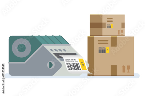 Label printer with boxes. Packaging boxes marked with a bar code.