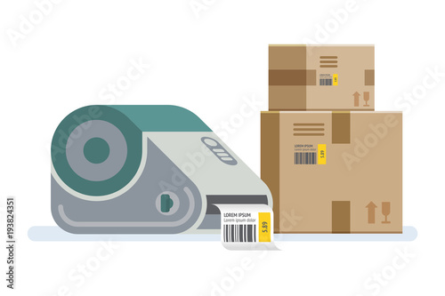 Label printer with boxes. Packaging boxes marked with a bar code.