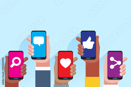 Social media applications. Mobile applications concept. Multi skin color hands raising smartphone.
