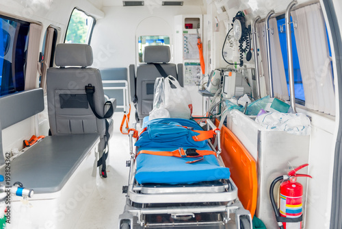 Interior of an ambulance with the necessary equipment for patient care photo