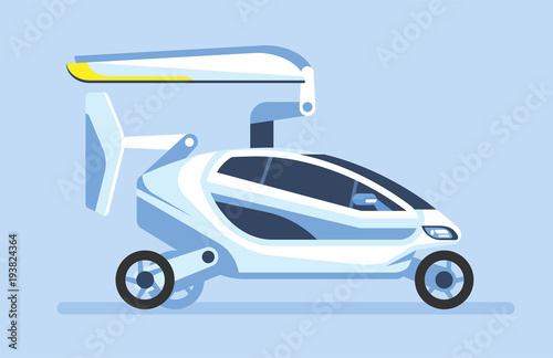 Flying car with folded wings. Autonomous driverless car. Futuristic intelligent vehicle. Automotive technology