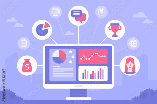 CRM concept design. Flat icons of accounting system, clients, support, deal. Organization of data on work with clients, Customer Relationship Management. Vector elements. 