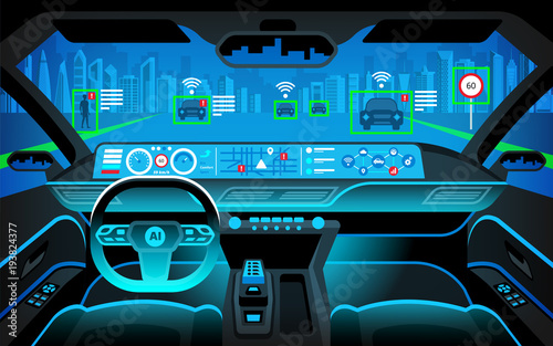 Smart car (HUD) concept. Self-Driving mode car graphic screen with flare light. Artificial intelligence on the road. Vehicle interior.