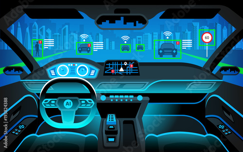 Autonomous smart car inerior. Self driving at night city landscape. Display shows information about the vehicle