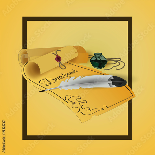 Papyrus, feather and inkwell.