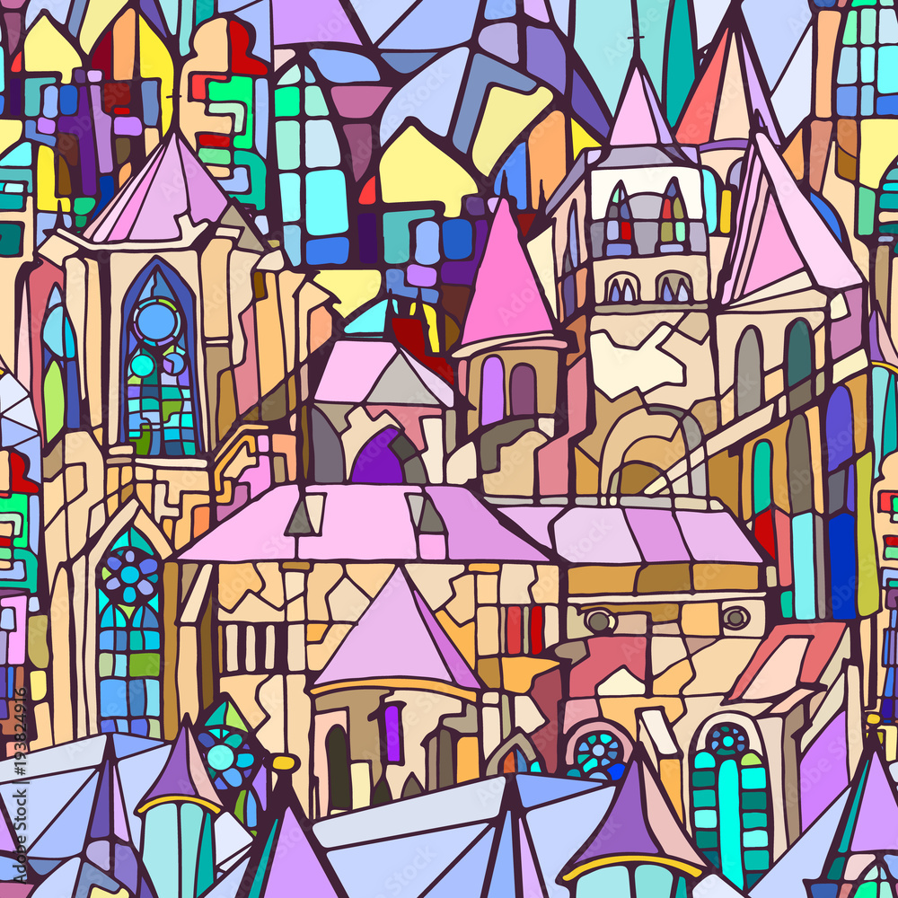 Vector seamless pattern featuring fictional Gothic city architecture elements such as towers and stained glass windows. Abstract colorful background. Hand drawn.