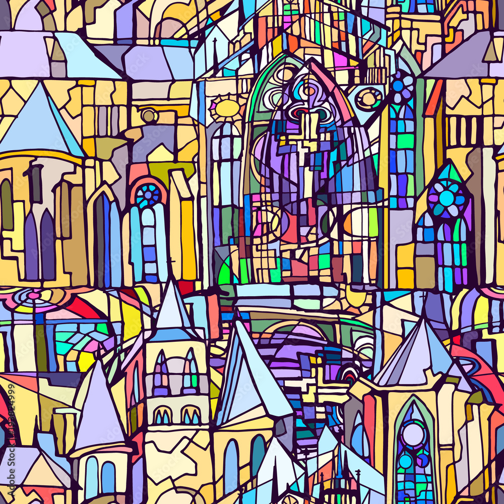 Vector seamless pattern featuring fictional Gothic city architecture elements such as towers and stained glass windows. Abstract colorful background. Hand drawn.