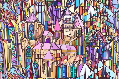 Vector seamless pattern featuring fictional Gothic city architecture elements such as towers and stained glass windows. Abstract colorful background. Hand drawn.