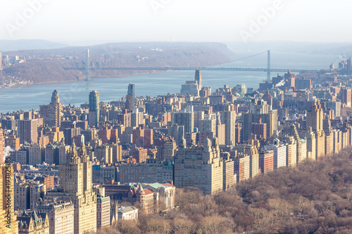 Photography Panoramic elevated view of Central Park, Upper West Side and the George Washington Bridge with Hudson River in Fall