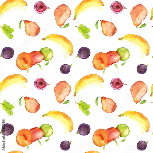 Fototapeta Naklejka Na Ścianę i Meble -  Watercolor hand drawn sketch illustration seamless pattern background with set of fruits - bananas, figs, green grapes, pears and apples isolated on white art