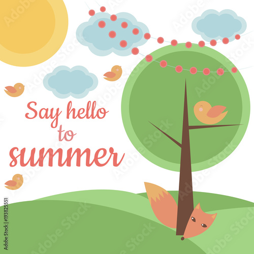 Векторная открытка со сказочным рисунком и надписью " Say Hello to Summer