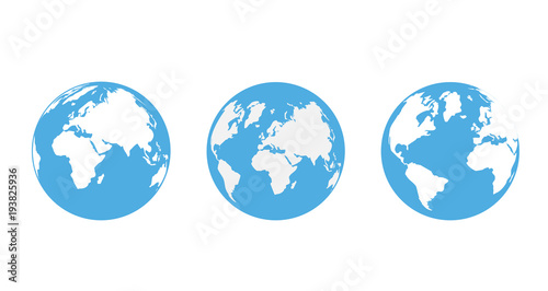 Set of 3 simple globes. Three icons isolated on a white background. Blue and white. In three different positions. Vector illustration.
