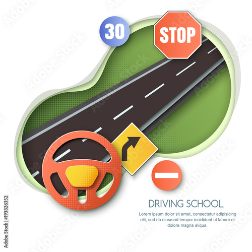 Vector driving school concept. Road, car steering wheel, traffic signs paper cut style isolated illustration. Banner, flyer or poster design elements.