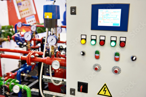 Fotografie Control panel for equipment pipes with manometers