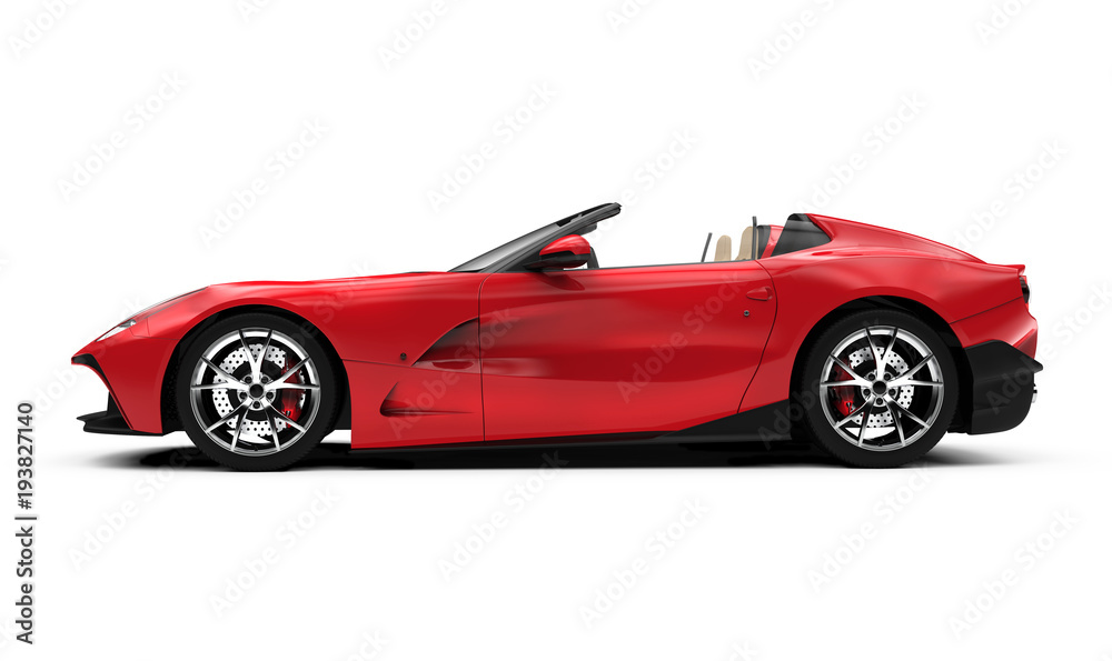 lateral view of a red convertible car