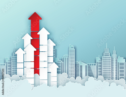 Start up business concept, leadership, individuality and exploration idea. Independent thinker and individual leadership concept. Fluffy paper clouds, arrows, city skyscrapers