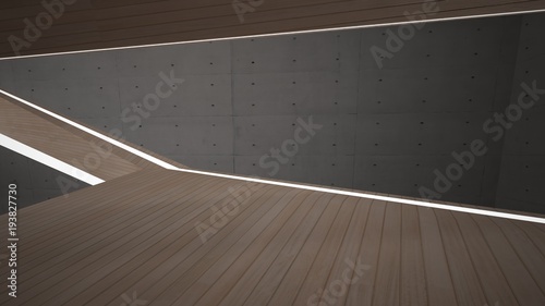 Abstract  concrete and wood parametric interior  with neon lighting. 3D illustration and rendering. © SERGEYMANSUROV