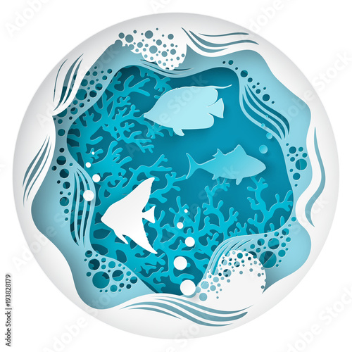 Paper underwater sea cave with fishes, coral reef, seabed in algae, bubbles and waves. Paper cut deep style vector.  Deep blue marine life, diving concept. Ocean wildlife