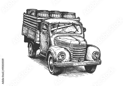 Retro pickup truck with barrels
