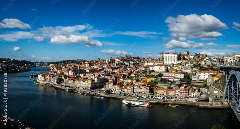 Panorama of Oporto's Ribeira with a clear sky