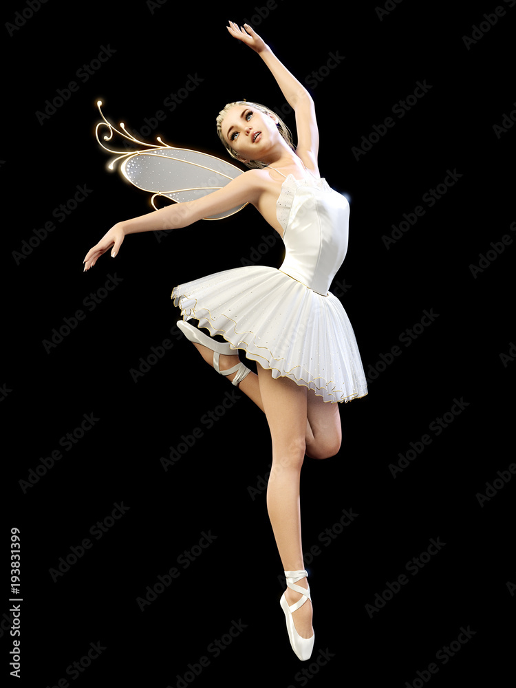 Dancing ballerina 3D. White ballet tutu. Blonde girl with blue eyes. Ballet dancer. Studio photography. High key. Conceptual fashion art. Render realistic illustration. Black background.