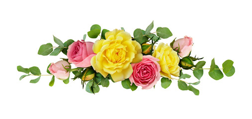 Pink and yellow rose flowers with eucalyptus leaves