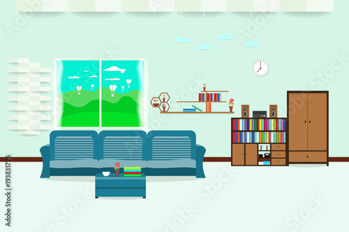living room interior design relax with sofa and bookshelf window sky cloud landscape meadow in wall Light Blue background. vector illustration