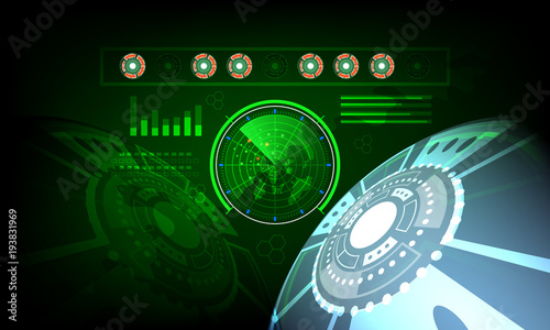 radar screen digital interface with world map  Concept future in computer network technology time data communication on green dark background.. vector illustration