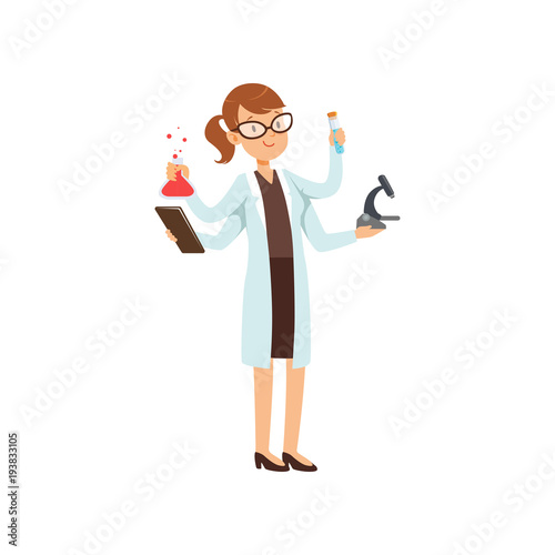 Multitasking girl chemist character, female scientist in white coat with many hands holding test flasks and microscope vector Illustration on a white background