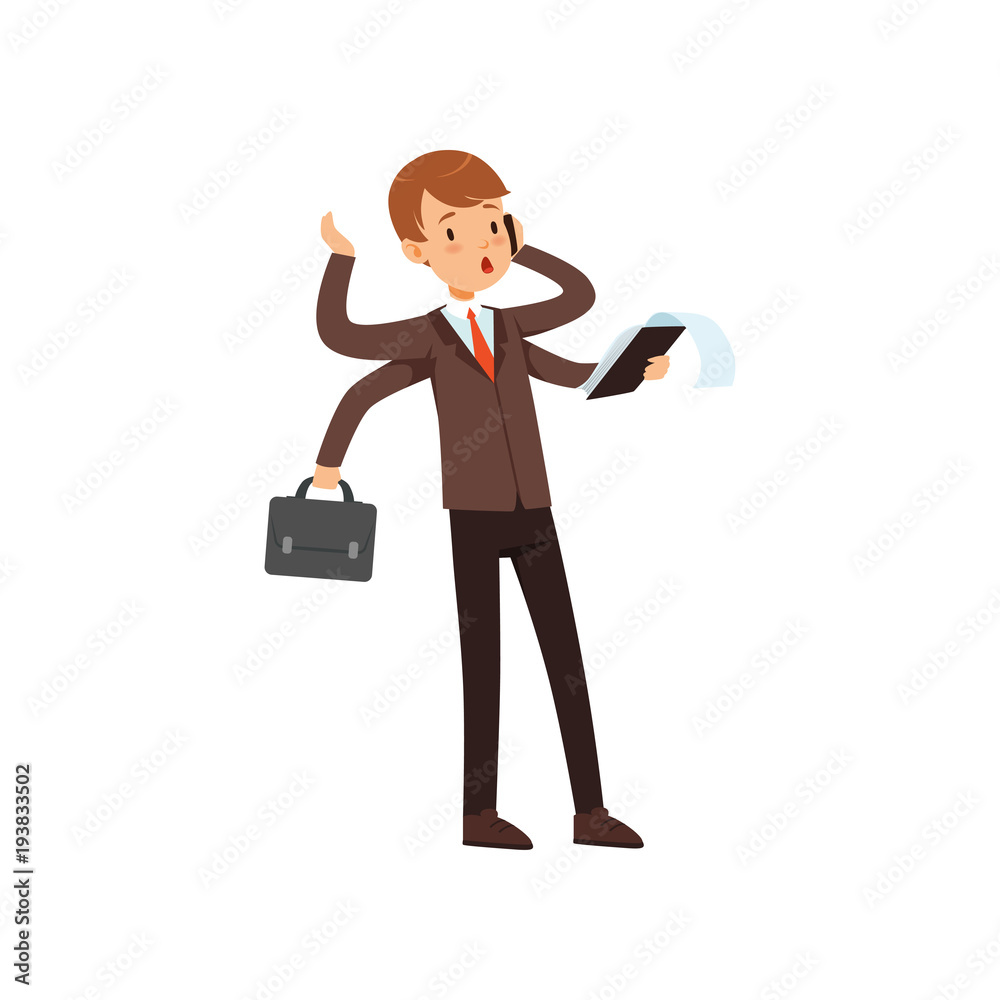 Multitasking young businessman, boy in a business suit character with many hands vector Illustration on a white background