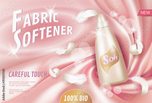 Realistic laundry detergent fabric softener. Tube container ad poster light background silk soft fabric white feather. 3d template mock up branding promote luxury home product vector illustration