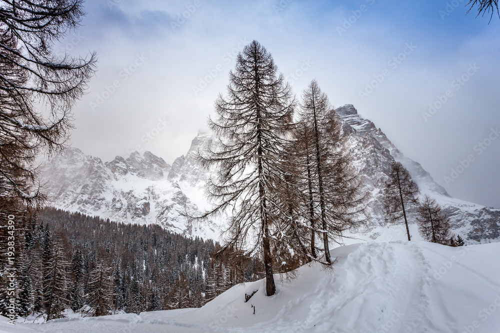 View of the mount Pelmo  during a snowy day, Dolomites, Italy