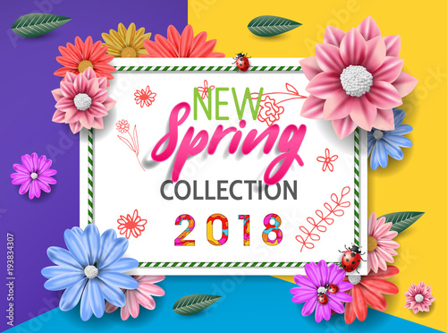 Spring banner "new collection" with paper flowers for online shopping, advertising actions, magazines and websites. Spring new collection background with beautiful colorful flower.