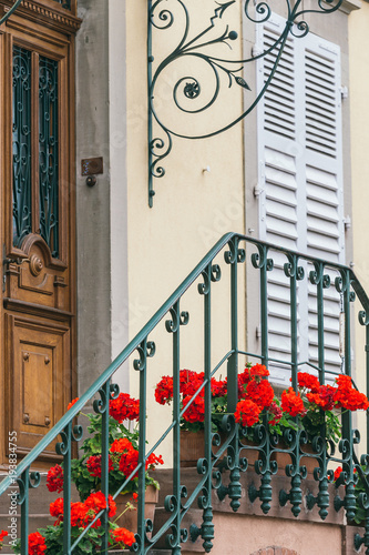 steps and beautiful doors with flowers