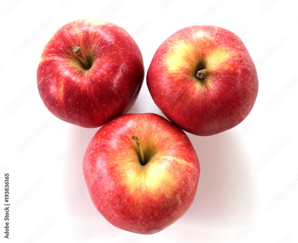 Top View of Three Red Apples Closeup with White Background. Top View of Three Red Apples Closeup with White Background.