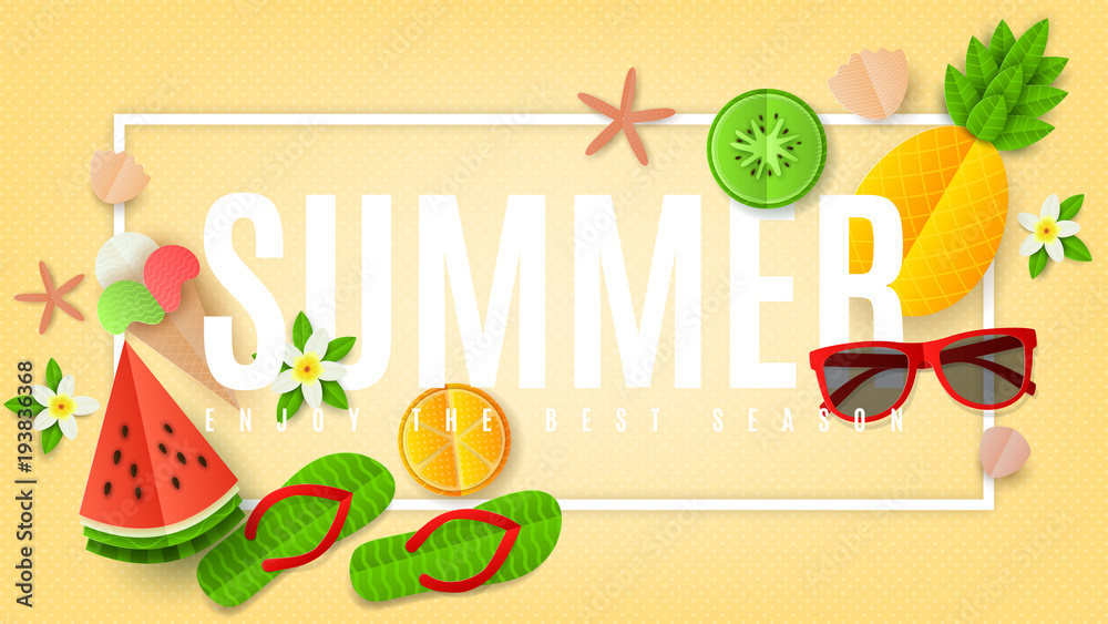 Summer vector beautiful background. Summer composition with flat paper cut elements on color backdrop. Seasonal illustration.