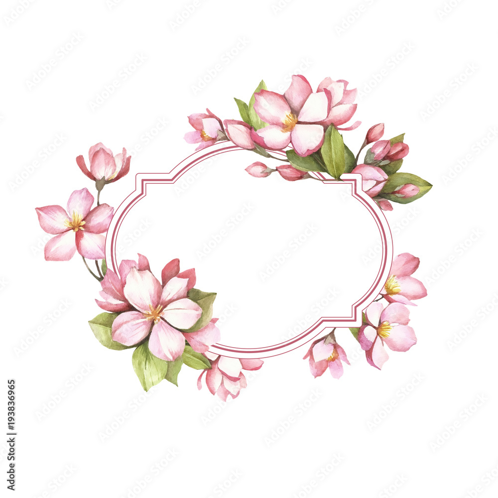 Frame with the cherry blossoms. Hand draw watercolor illustration. Frame with the cherry blossoms. Hand draw watercolor illustration.