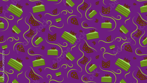 Matcha cake with chocolate leaves violet pattern
