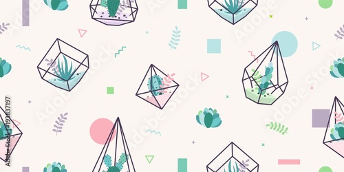 terrarium succulent cactus seamless pattern geometric glass interior flower plant background wallpaper